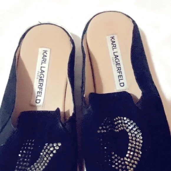Karl Lagerfeld Black Rhinestone Slip On Slides Shoes - Picture 3 of 5